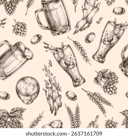 This detailed artwork showcases a variety of beer glasses hops barley and splashes creating a lively atmosphere around the craft beer culture. Various elements reflect brewing traditions.
