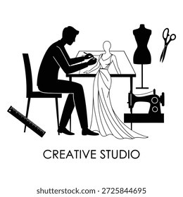Esta detallada Ilustración vectorial en blanco y negro representa a un diseñador de modas profesional trabajando en un "CREATIVE STUDIO".