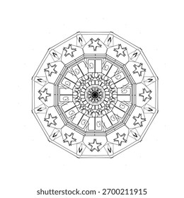 Este detallado mandala dibujado a mano presenta un complejo diseño concéntrico. Los Elementos clave incluyen la repetición de estrellas geométricas, 