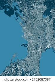 This is a detailed, high-angle satellite view of Manila, Philippines, rendered in a monochromatic blue and white color scheme. The image showcases the intricate urban sprawl of the city, with its dense network of streets and buildings clearly visible. The bay area, with its harbors and piers, is prominent on the left, while the city extends inland towards a more natural, darker blue landscape.