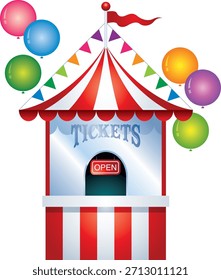 This detailed illustration features a classic ticket booth with bold red and white stripes, showcasing a small service window where tickets are sold. A bright red illuminated “OPEN” sign indicates that the booth is active and ready for customers, emphasizing accessibility, activity, and a welcoming atmosphere. The design captures the nostalgic charm of traditional ticket booths commonly found at fairs, amusement parks, carnivals, theaters, and events, evoking a sense of fun, excitement, and anticipation. Ideal for editorial content, promotional materials, event marketing, posters, social media graphics, signage, and themed creative projects, the illustration highlights the iconic structure and vibrant colors that make ticket booths instantly recognizable. The composition emphasizes clarity, detail, and visual appeal, making it suitable for both digital and print applications, including brochures, websites, infographics, event guides, and educational materials about entertainment or hospitality. The illustration conveys themes of customer service, leisure, and event management while maintaining a playful yet professional aesthetic, making it versatile for designers, content creators, and marketers working on projects related to tickets, fairs, cinemas, or amusement experiences. Its vector-ready and scalable format ensures seamless integration into a variety of design projects, from small icons to large banners, while retaining crisp lines, bold colors, and clarity. The bright “OPEN” sign adds a dynamic touch, signaling readiness and inviting engagement, which enhances its effectiveness for marketing campaigns, promotions, or themed illustrations. Overall, this classic ticket booth illustration provides a visually appealing and functional representation of a nostalgic entertainment staple, offering a versatile and professional asset for designers, advertisers, and content creators looking to showcase customer interaction, preparation, or festive environments. With its combination of bold color, iconic s