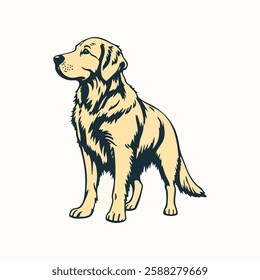 This detailed illustration features a Golden Retriever standing and facing to the left. The illustration uses a combination of light beige and dark blue colors to highlight the dog's fur texture.