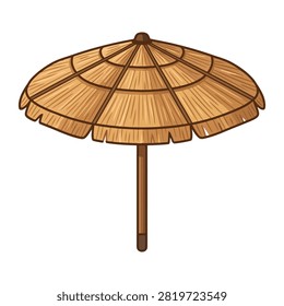This detailed illustration features a rustic straw beach umbrella with a natural grass texture and wooden pole design isolated on a clean white background. It represents the perfect tropical vacation shade accessory for relaxing under the bright summer sun