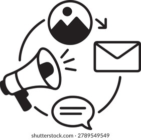 This detailed illustration outlines a digital marketing process, featuring a megaphone for promotion, an image for content, email, and chat for communication.