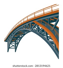 This detailed illustration shows a robust steel arch bridge designed with structural blue beams and bright orange accents. The architectural geometry highlights engineering strength and modern industrial aesthetics suitable for transportation or urb.