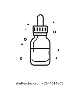Esta linha detalhada mostra um frasco conta-gotas usado em beleza ou medicação com pontos e círculos circundantes, definido contra um pano de fundo transparente para versatilidade em uso.