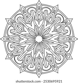 This detailed mandala features a symmetrical design inspired by petal shapes radiating from the center. This mandala promotes relaxation and focus and is perfect for those seeking a creative, meditati