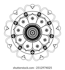 This detailed mandala pattern features a central wheel surrounded by lotus petals and a serpentine figure winding around the outer edge.