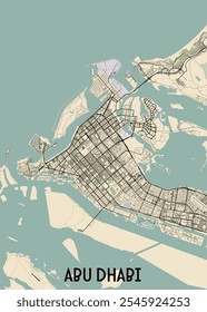 Este é um mapa detalhado de Abu Dhabi, a capital dos Emirados Árabes Unidos. O mapa apresenta um fundo bege claro com uma rede de estradas pretas e ruas delineando o layout da cidade.