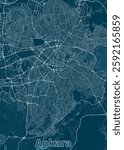 This is a detailed map of Ankara, Turkey, rendered in a minimalist style. The map features a dark blue background with white lines representing streets and roads.