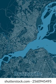 This is a detailed map of Brazzaville, the capital city of the Republic of Congo. The map is rendered in a minimalist style with a dark blue background and white lines representing streets and roads. 