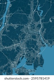 This is a detailed map of Busan, South Korea, rendered in a minimalist style. The map features a deep blue color scheme, with white lines representing roads and waterways.