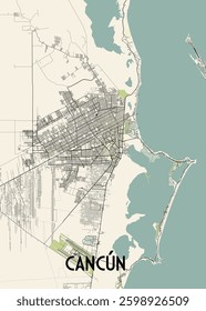 This is a detailed map of Cancun, Mexico, showcasing its street network, coastline, and surrounding areas. The map features a beige background with black lines representing roads and streets.