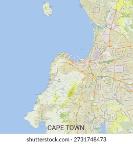 This is a detailed map of Cape Town, South Africa. The map shows the coastline, the ocean, and the urban sprawl of the city. Roads, buildings, and green spaces are visible. The text "CAPE TOWN" is prominently displayed at the bottom of the image. The overall color palette is dominated by blues for the water and various shades of green, yellow, and grey for the land and urban areas.
