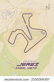 Este é um mapa detalhado do circuito de Jerez, também conhecido como circuito de Jerez Angel Nieto. O mapa é desenhado em um estilo simples, cartográfico com um fundo bege e uma linha roxa escura