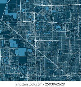 This is a detailed map of the city of Hialeah, Florida. The map is rendered in a minimalist style with white lines representing streets and roads against a dark blue background.