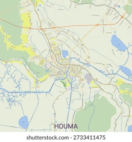 Este é um mapa detalhado da cidade de Houma, Louisiana. Mostra a intrincada rede de canais, vias navegáveis e estradas que definem a área. O mapa apresenta vários tons de verde indicando vegetação, azul para corpos de água e cores mais claras para áreas urbanas e estradas. O texto 'HOUMA' é claramente visível na parte inferior da imagem, identificando a localização.