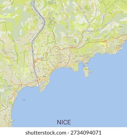 This is a detailed map of the city of Nice, France, and its surrounding coastal area. The map displays roads, rivers, and topographical features, with a prominent bay and coastline. The water is a clear blue, contrasting with the green and yellow hues of the land. The word "NICE" is printed in a dark purple font at the bottom center of the image.