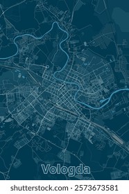 This is a detailed map of the city of Vologda, Russia. The map is rendered in a minimalist style with a dark blue background and white lines representing roads and waterways.