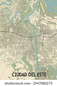 Este é um mapa detalhado de Ciudad del Este, uma cidade do Paraguai. O mapa é renderizado em um estilo minimalista com um fundo bege e linhas pretas representando ruas e vias navegáveis.