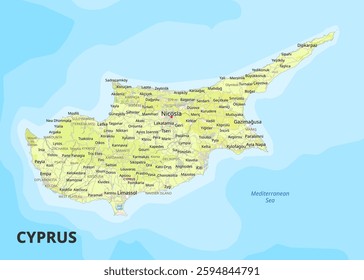 This detailed map of Cyprus showcases the island's geography, highlighting major cities and towns. The map uses a light green color for land areas, with a darker green shade for mountainous regions.