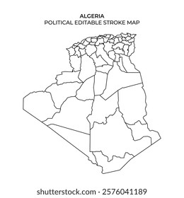 This detailed map displays the political boundaries and regions of Algeria. It features clear outlines of territories and geographical divisions for educational purposes.