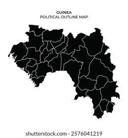 This detailed map displays the political outline of Guinea, highlighting its regions and administrative boundaries. It features a clear black silhouette design for easy reference.