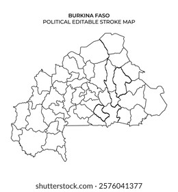 This detailed map displays the political boundaries of Burkina Faso. It highlights various regions and subdivisions, allowing for easy customization in design projects.