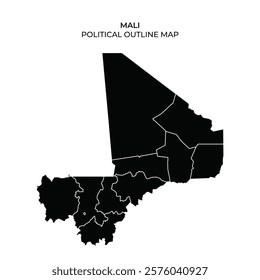 This detailed map illustrates the political outline of Mali, highlighting its regional divisions and borders. The black silhouette emphasizes the geographical layout of the country.