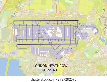 This is a detailed map of London Heathrow Airport, one of the busiest airports in the world. The image highlights the airport's layout, including its multiple runways, taxiways, and terminal buildings