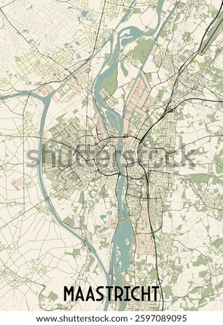 This is a detailed map of Maastricht, a city in the Netherlands. The map features a beige background with black lines representing streets and roads. A prominent river winds through the city.