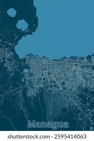 This is a detailed map of Managua, Nicaragua, rendered in a minimalist style. The map features a deep blue background with white lines representing roads and streets.
