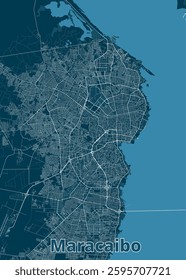 This is a detailed map of Maracaibo, Venezuela, showcasing its street network and layout. The map is rendered in a minimalist style with white lines representing roads and a dark blue background.