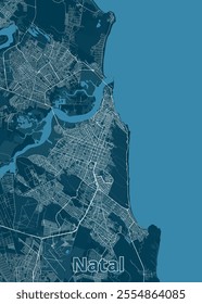 This is a detailed map of Natal, Brazil, showcasing its street network and coastline. The map is rendered in a minimalist style with white lines representing roads and a dark blue background.