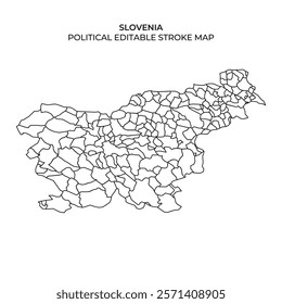 This detailed map outlines the political divisions of Slovenia, featuring editable strokes for customization. Ideal for educational and planning purposes, it highlights various regions.