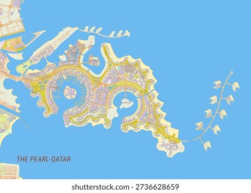 This is a detailed map of The Pearl-Qatar, an artificial island in Qatar. The map shows the intricate layout of the island, including its waterways, buildings, roads, and green spaces. The overall color scheme is a light blue for the water, with various shades of beige, yellow, green, and purple representing the land and structures. The text 'THE PEARL-QATAR' is visible in the lower left corner. The map has a clean, organized appearance, highlighting the urban planning and design of the area.