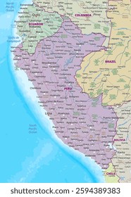 This detailed map of Peru showcases the country's geography, highlighting major cities, rivers, and bordering countries. The map uses a color scheme to differentiate regions and features.