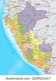 This detailed map of Peru showcases the country's geography, highlighting major cities, rivers, and bordering countries. The map uses a color scheme to differentiate regions and features.