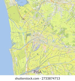 Dies ist eine detaillierte Karte von Pisa, Italien, zeigt seine städtische Anordnung, Wasserwege und umliegende Landschaft. Der Arno schlängelt sich durch die Stadt, mit zahlreichen Brücken und Kanälen sichtbar. Die Karte zeigt Straßen, Eisenbahnen und Grünflächen, darunter landwirtschaftliche Felder und hügeliges Gelände im Norden. Der Text 'PISA' wird deutlich in der unteren Bildmitte angezeigt. Die gesamte Farbpalette wird von Gelb und Grün dominiert, mit Blau für Wasserkörper und Orange für Hauptverkehrsstraßen.