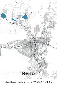 This is a detailed map of Reno, Nevada, showcasing its street network and geographical features. The map is rendered in black and white, with blue accents highlighting bodies of water.