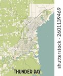 This detailed map showcases the city of Thunder Bay, Ontario, Canada. The map features a light beige background with a network of black lines representing streets and roads.