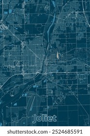 This detailed map showcases the city of Joliet, Illinois, with a dark blue background and white lines representing streets, roads, and waterways.