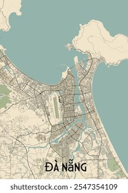 Este mapa detallado muestra la ciudad de Da Nang, Vietnam, con un enfoque en su diseño urbano y las áreas costeras circundantes.