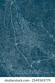 This detailed map showcases the city of Maebashi, Japan, with a dark blue background and white lines representing streets and roads. A prominent river flows through the city.