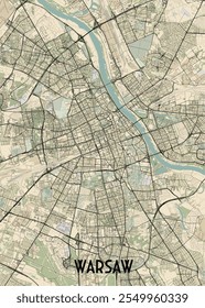Este mapa detalhado mostra a cidade de Varsóvia, Polônia, com foco na sua rede de ruas e principais pontos de referência. O mapa é renderizado em um estilo minimalista com um fundo bege.