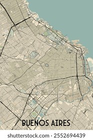 This detailed map showcases the city of Buenos Aires, Argentina. The map features a grid-like layout of streets and avenues, with a focus on the city's central area.