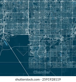 This detailed map showcases the city of Chandler, Arizona, with a dark blue background and white lines representing streets and roads. The map highlights the city's grid-like layout
