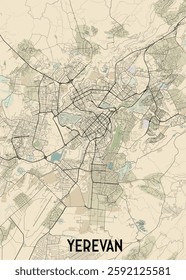 This detailed map showcases the city of Yerevan, Armenia, with a focus on its street network and surrounding landscape. The map is rendered in a minimalist style