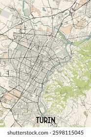 This detailed map showcases the city of Turin, Italy. The map features a network of streets and roads, with a prominent river winding through the urban landscape.