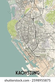This detailed map showcases the city of Kaohsiung, Taiwan. The map features a light beige background with a network of black lines representing streets and roads.